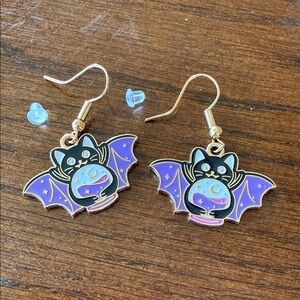 Purple Bat Cat Psychic Earrings with Gold Accents